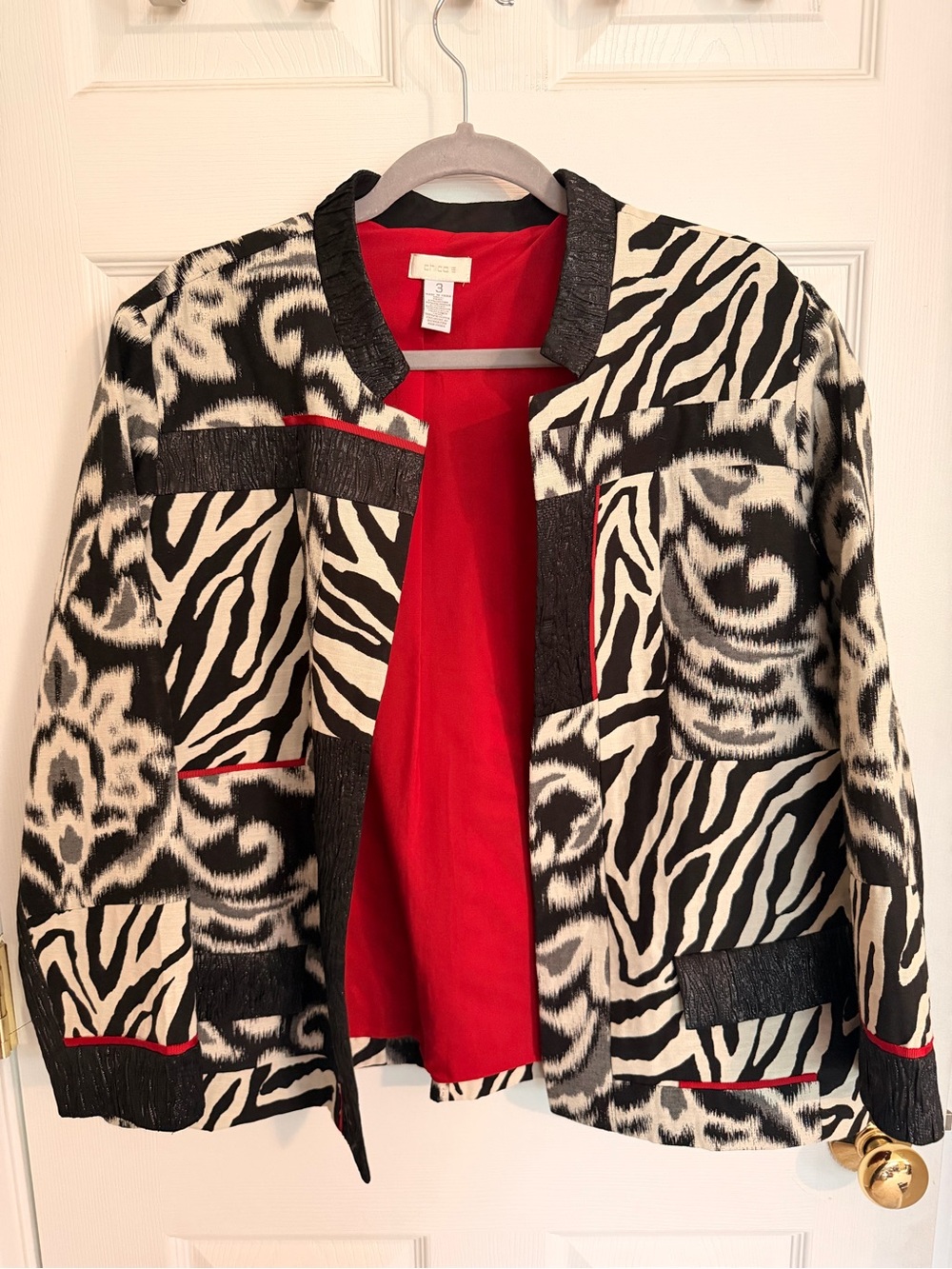Chico's Black & White Patterned Jacket with Red Accents